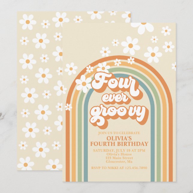 Four Ever Groovy Retro Rainbow Daisy Birthday Invitation (Front/Back)