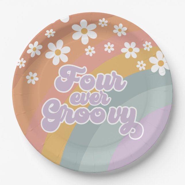 Four Ever Groovy Retro Rainbow Paper Plate (Front)