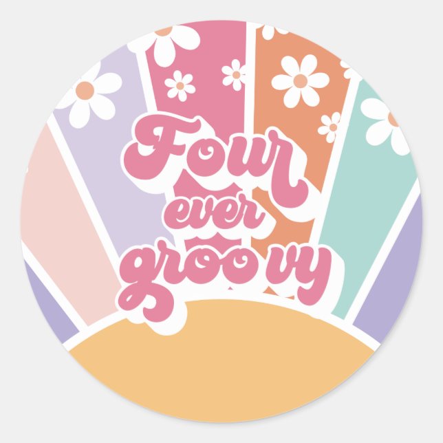 Four Ever Groovy Retro Sunshine Rainbow Daisy Classic Round Sticker (Front)
