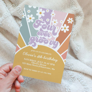 Four Ever Groovy Retro Sunshine Rainbow Daisy Invitation