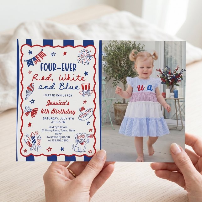 Four-ever Hand Drawn 4th Birthday Photo Invitation (Creator Uploaded)