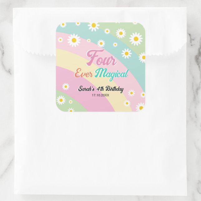 Four Ever Magical Fourth Birthday Daisy  Square Sticker (Bag)