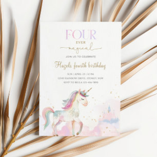 Four Ever Magical Pastel Unicorn 4th Birthday Invitation