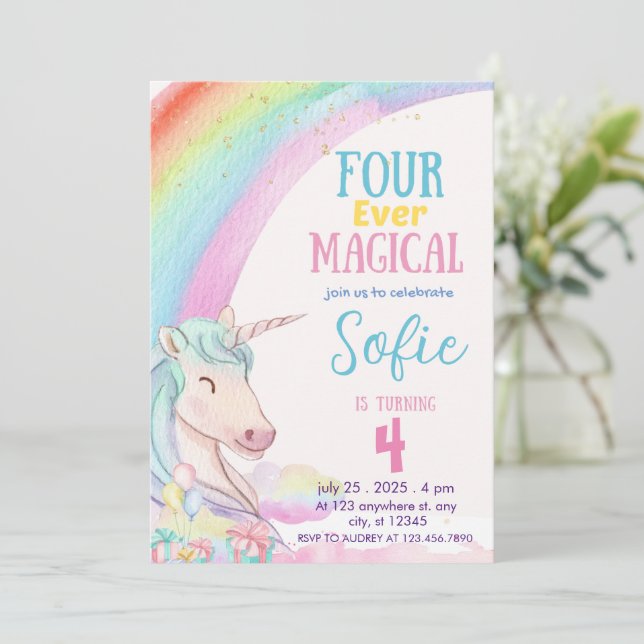 Four Ever Magical, Pastel Unicorn  Birthday  Invitation (Standing Front)