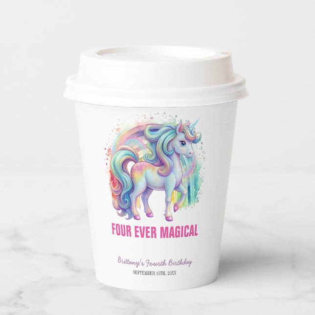 Four Ever Magical Pastel Unicorn Fourth Birthday Paper Cups (Front)
