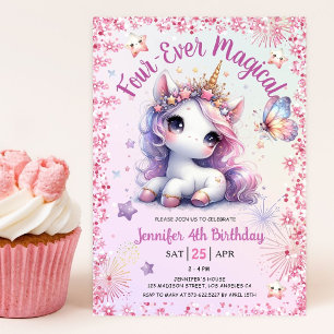 Four-Ever Magical Pink Purple Unicorn 4th Birthday Invitation
