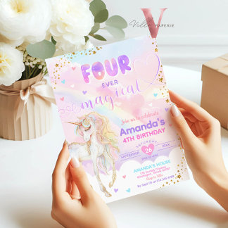 FOUR ever Magical Rainbow Unicorn Gold Birthday Invitation