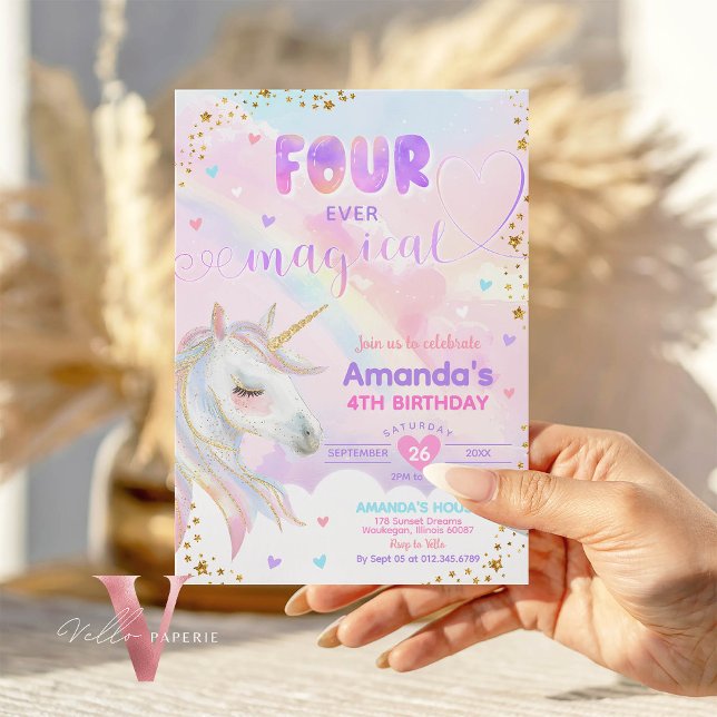 FOUR ever Magical Rainbow Unicorn Gold Birthday  Invitation (Creator Uploaded)
