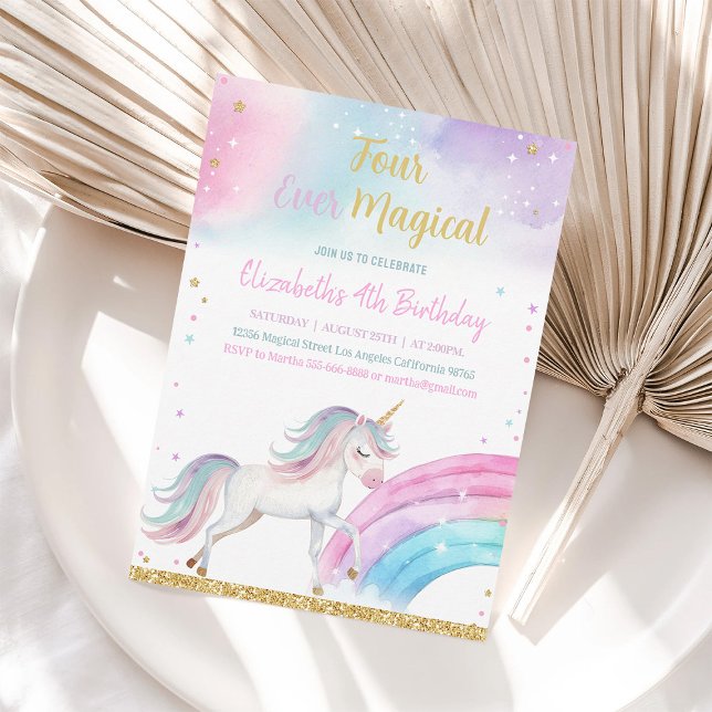 Four Ever Magical Unicorn 4th Birthday Invitation (Creator Uploaded)