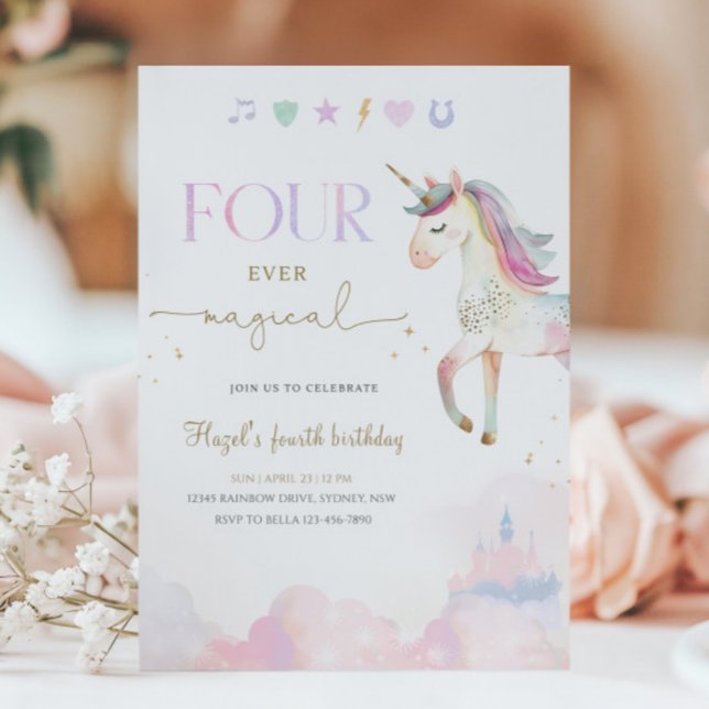 Four Ever Magical Unicorn 4th Birthday Party Invitation (Creator Uploaded)