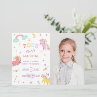 Four Ever Magical Unicorn 4th Birthday Photo Invitation