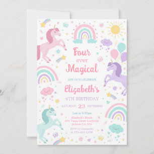Four Ever Magical Unicorn Rainbow 4th Birthday Invitation