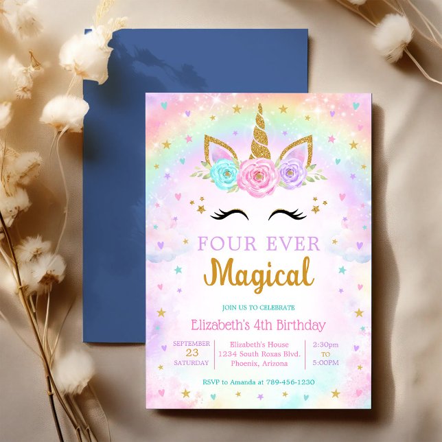 Four Ever Magical Unicorn Rainbow 4th Birthday Invitation (Creator Uploaded)