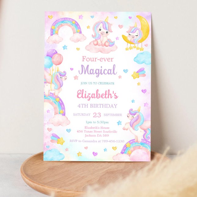 Four Ever Magical Unicorn Rainbow 4th Birthday  Invitation (Creator Uploaded)