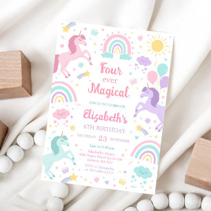 Four Ever Magical Unicorn Rainbow 4th Birthday Invitation