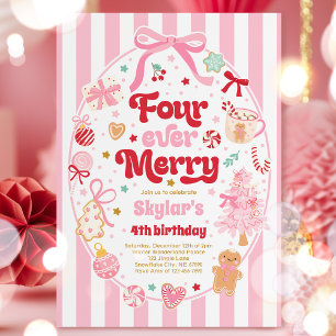 Four Ever Merry Christmas Bow 4th Birthday Invitation