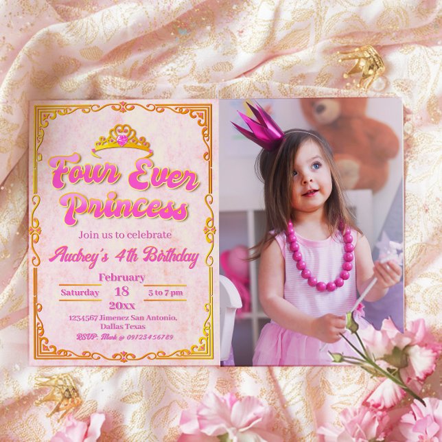 Four Ever Princess - Girl 4th Birthday Invitation (Four Ever Princess - Girl 4th Birthday Landscape Invitation with Picture)