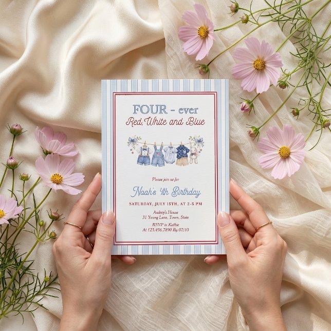 Four-ever Red White and Blue Boy Birthday Invite (Creator Uploaded)
