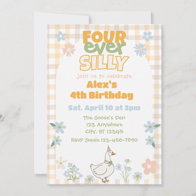 FOUR ever Silly, Goose Birthday Neutral Pastel Invitation (Front)