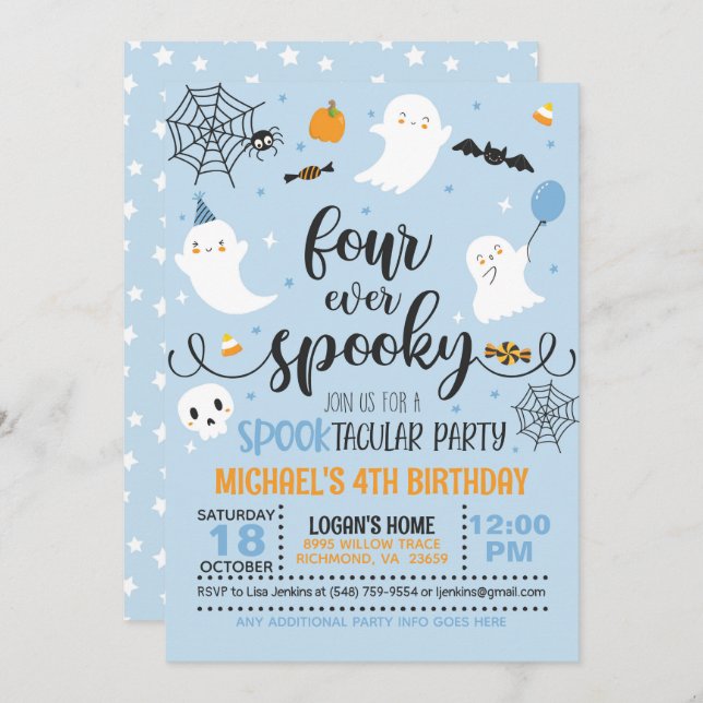 Four Ever Spooky Birthday Invitation - Blue (Front/Back)