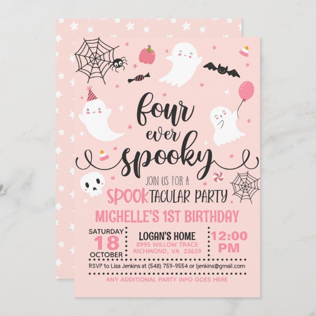 Four Ever Spooky Birthday Invitation - Girl (Pink) (Front/Back)