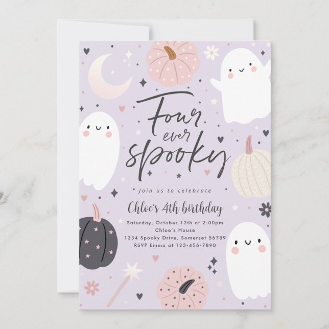 Four Ever Spooky Boho Halloween Ghost 4th Birthday Invitation (Front)