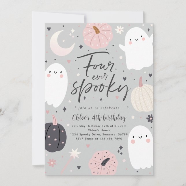 Four Ever Spooky Boho Halloween Ghost 4th Birthday Invitation (Front)