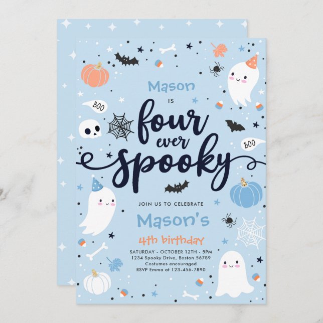 Four Ever Spooky Cute Halloween Ghost 4th Birthday Invitation (Front/Back)
