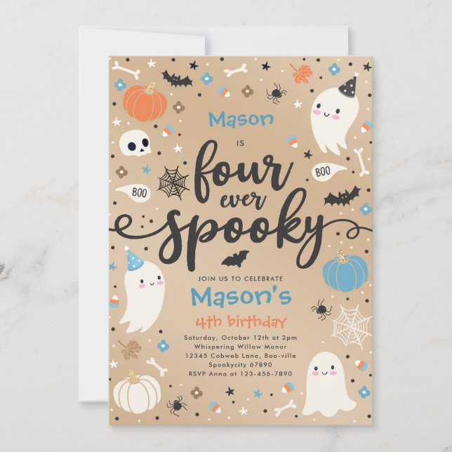 Four Ever Spooky Cute Halloween Ghost 4th Birthday Invitation (Front)