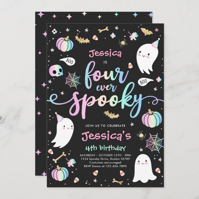 Four Ever Spooky Cute Halloween Ghost 4th Birthday Invitation (Front/Back)