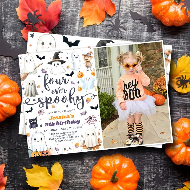 Four Ever Spooky Cute Halloween Ghost 4th Birthday Invitation (Creator Uploaded)