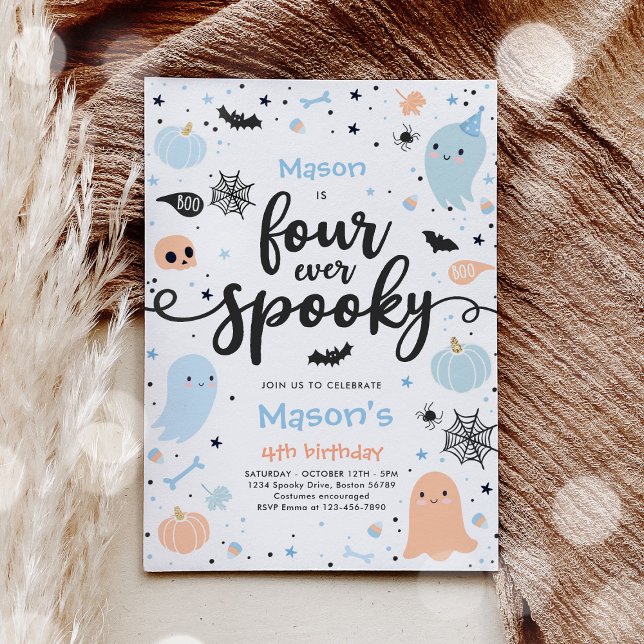 Four Ever Spooky Cute Halloween Ghost 4th Birthday Invitation (Creator Uploaded)