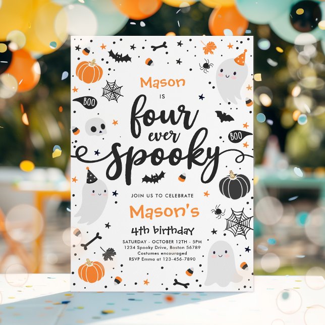 Four Ever Spooky Cute Halloween Ghost 4th Birthday Invitation (Creator Uploaded)