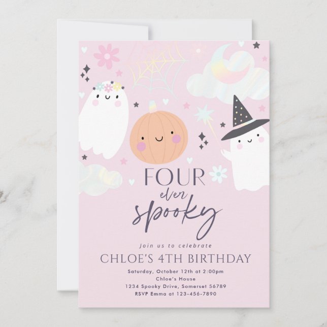 Four Ever Spooky Cute Halloween Ghost 4th Birthday Invitation (Front)