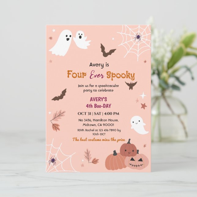 Four ever Spooky Halloween Birthday Ghost bats Invitation (Standing Front)
