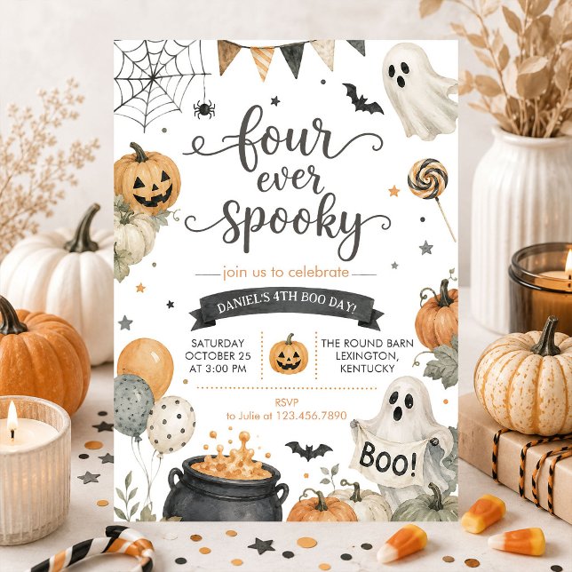 Four Ever Spooky Halloween Ghost 4th Birthday Invitation (Creator Uploaded)