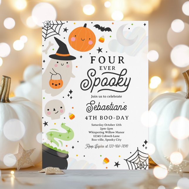 Four Ever Spooky Halloween Ghost 4th Birthday  Invitation (Creator Uploaded)