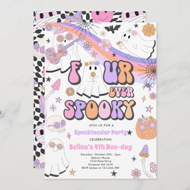 Four Ever Spooky Halloween Groovy Ghost Birthday Invitation (Front/Back)