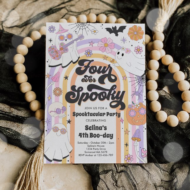 Four Ever Spooky Halloween Groovy Ghost Birthday Invitation (Creator Uploaded)