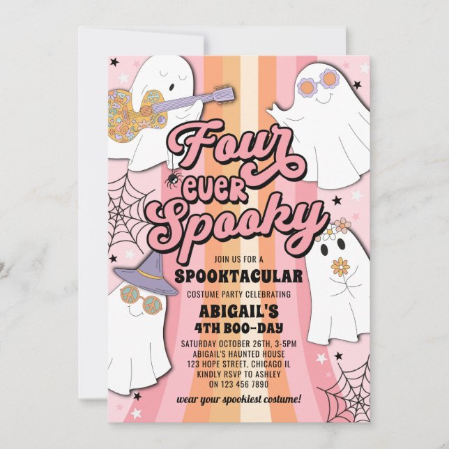 Four Ever Spooky Pink Halloween 4th Birthday Party Invitation (Front)