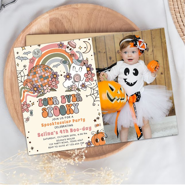 Four Ever Spooky Retro Ghost Halloween Birthday  Invitation (Creator Uploaded)