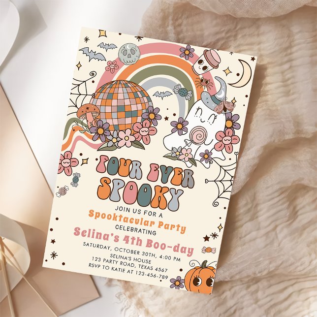 Four Ever Spooky Retro Ghost Halloween Birthday   Invitation (Creator Uploaded)