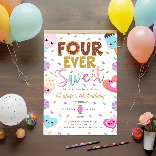Four Ever Sweet Birthday Doughnut Candy 4th Birthd Invitation (Creator Uploaded)