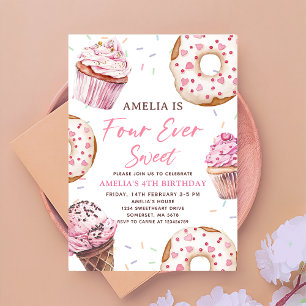 Four Ever Sweet Cupcake & Doughnuts 4th Birthday Invitation