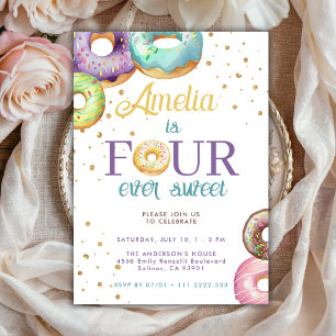 Four Ever Sweet Doughnut Gold Sprinkle 4th Birthda Invitation