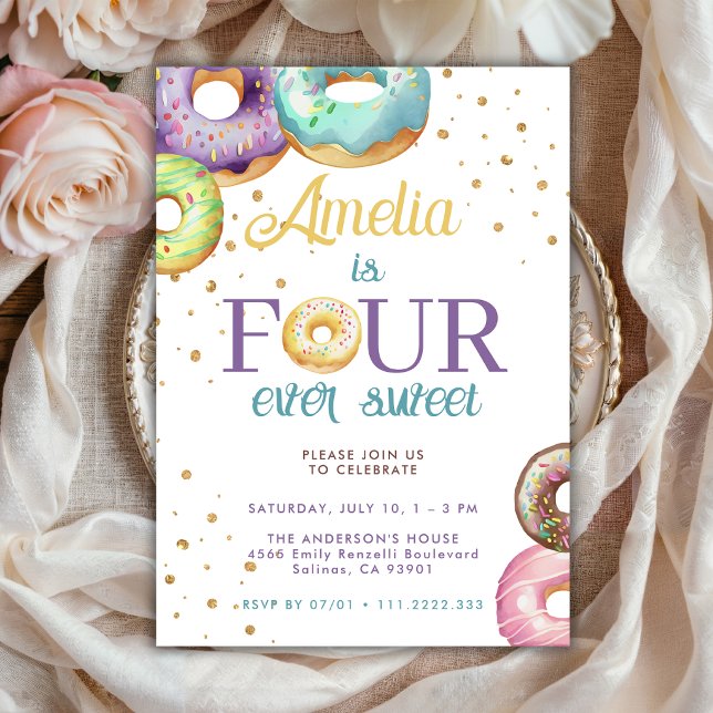 Four Ever Sweet Doughnut Gold Sprinkle 4th Birthda Invitation (Creator Uploaded)