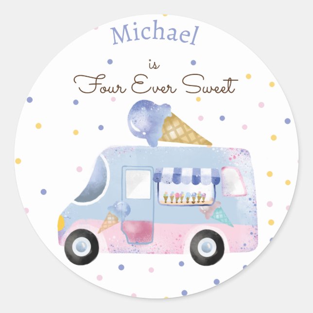 Four ever sweet ice cream truck forth birthday classic round sticker (Front)