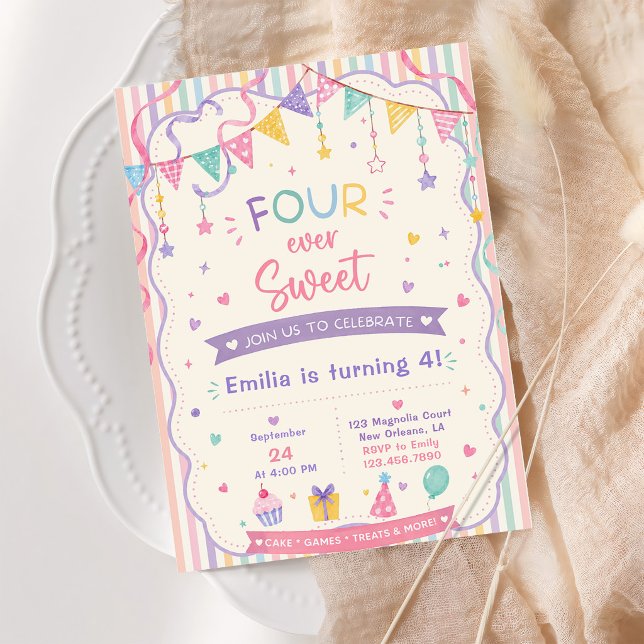 Four ever sweet pastel macarons 4th birthday invitation (Creator Uploaded)