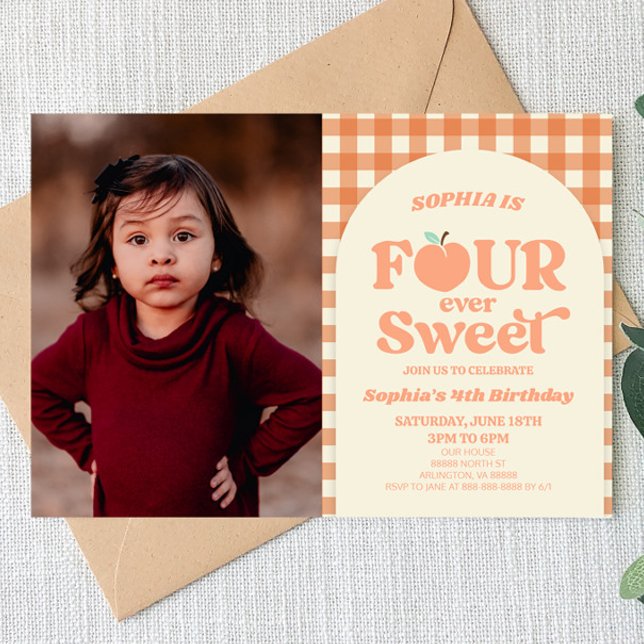 Four Ever Sweet Peach Picture 4th Birthday Party Invitation (Creator Uploaded)