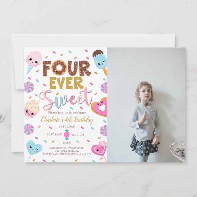 Four Ever Sweet Photo Birthday Doughnut 4th Birthd Invitation (Front)